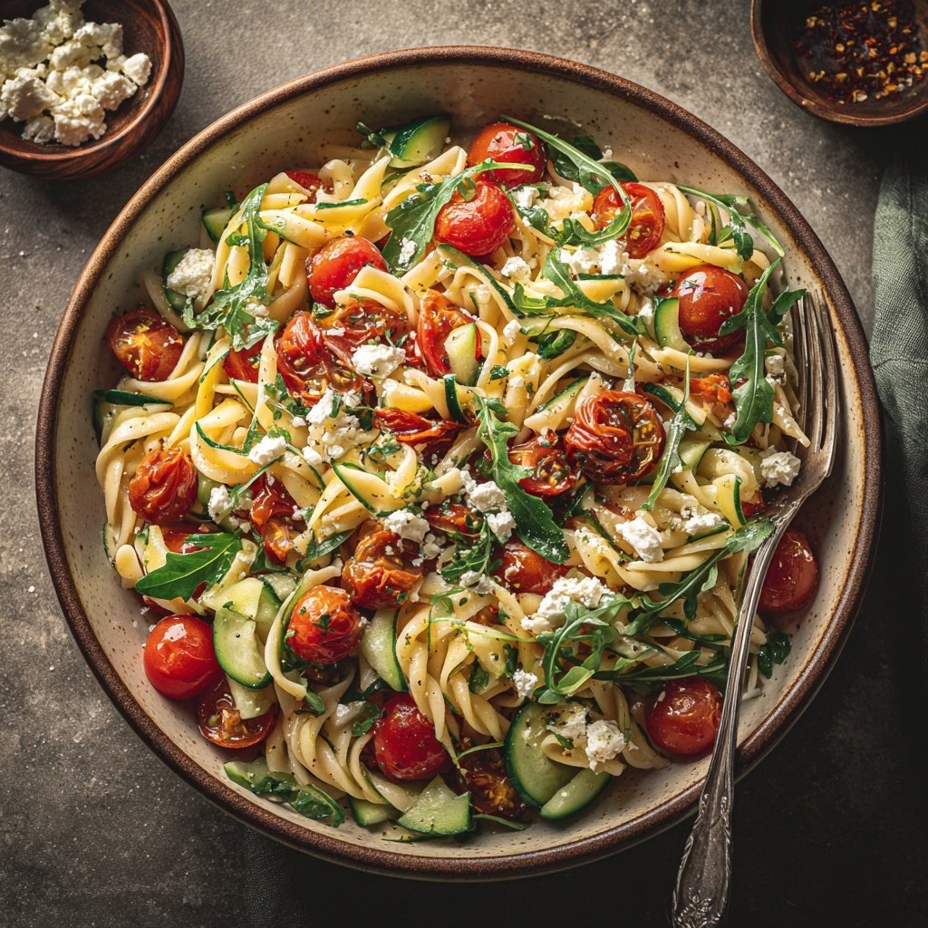 Mediterraner Nudelsalat Mit Rucola Blättern